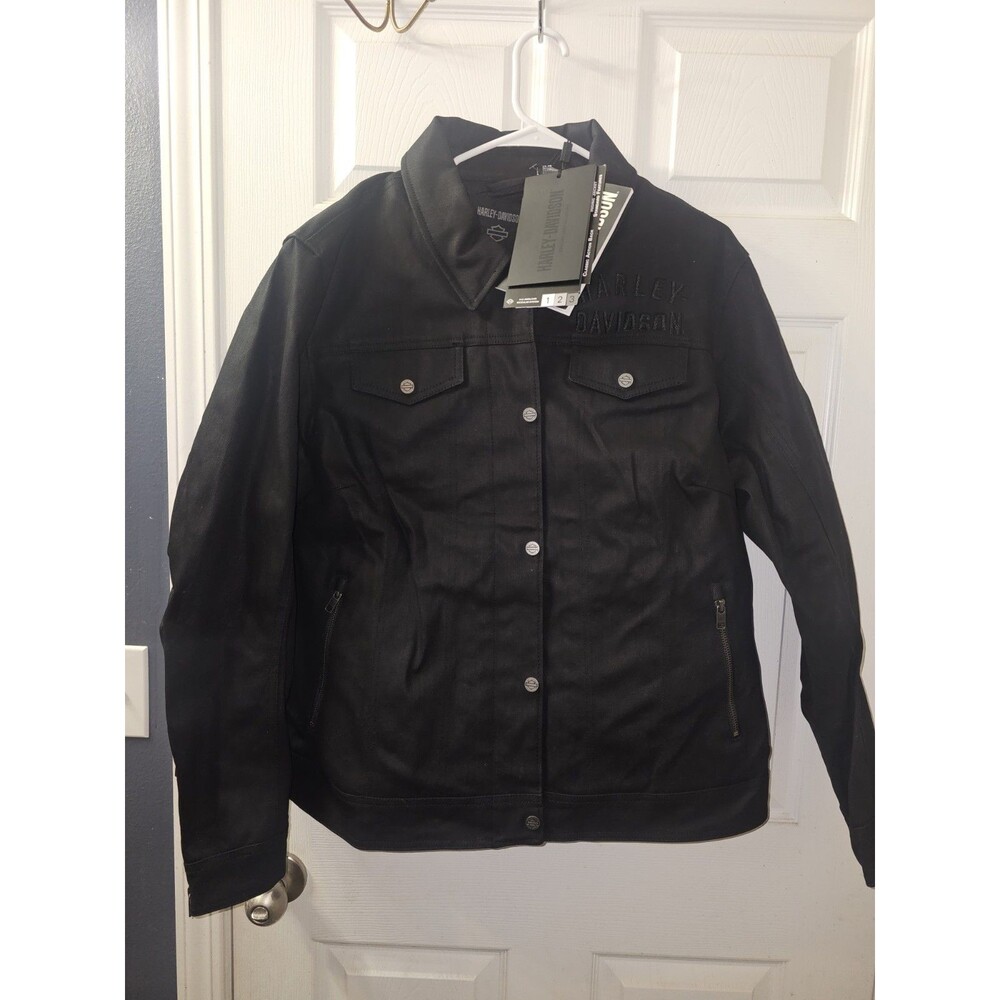 harley davidson jacket 2W black denim jean Trucker flex zip snap bar zip snap